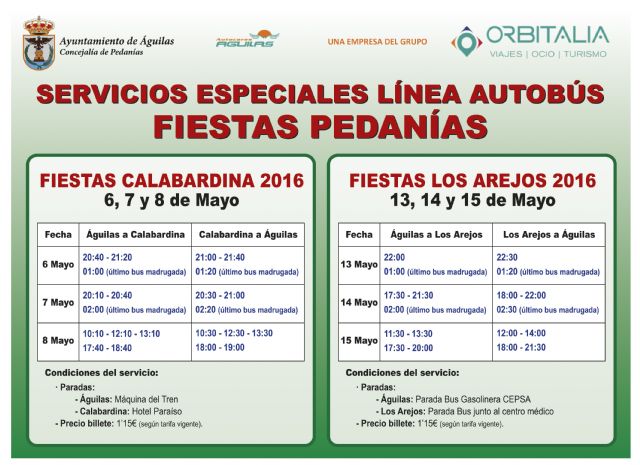 Águilas contará con un servicio especial de autobuses durante las fiestas de Calabardina y Los Arejos