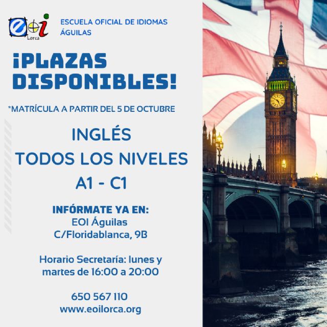 Plazas disponibles para estudiar inglés en la Escuela Oficial de Idiomas de Águilas