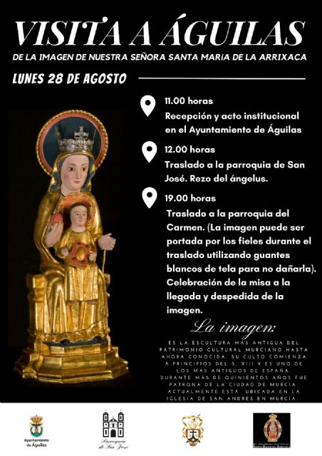 La imagen de Santa María del Arrixaca visitará el municipio de Águilas el próximo lunes