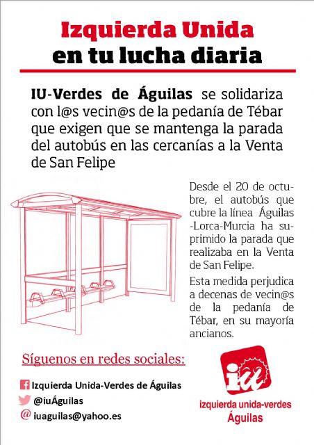IU-Verdes de Águilas traslada al Pleno Municipal la supresión de la parada de autobús en la Venta de San Felipe
