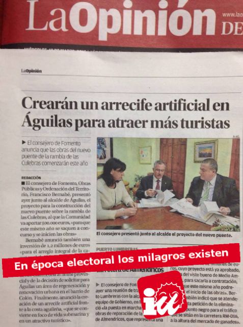 El PP de Águilas creará un arrecife artificial para atraer más turistas, una propuesta de IU-Verdes que rechazó en noviembre