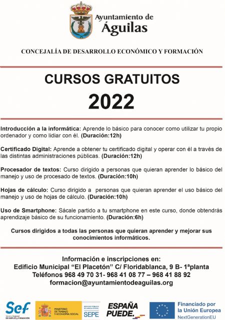 El Ayuntamiento anuncia la puesta en marcha de cinco cursos gratuitos de tecnología de la información financiados con fondos Next Generation EU