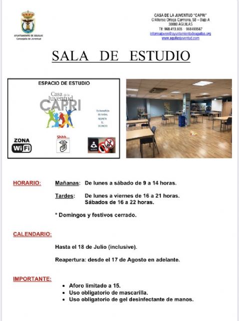 La sala de estudios de la Casa de la Juventud reabrirá mañana con una ampliación de horario