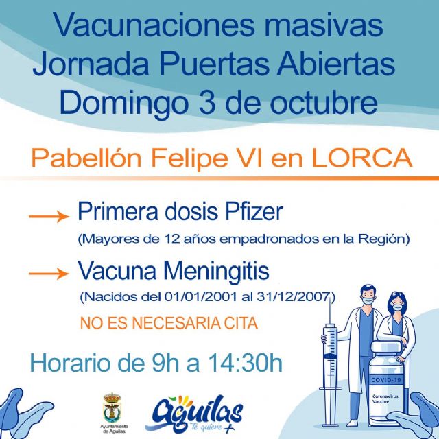 El pabellón Felipe VI de Lorca acogerá el domingo una jornada de vacunaciones masivas contra la COVID 19 y contra la meningitis