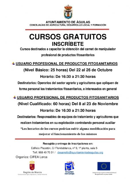 Queda abierto el plazo de inscripción para los cursos de obtención del carnet de manipulador de productos fitosanitarios organizando el Ayuntamiento para los meses de octubre y noviembre