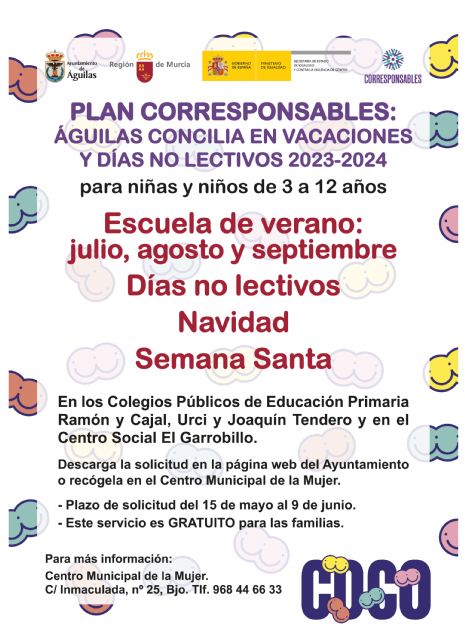 El próximo 15 de mayo se abre el plazo de solicitudes para el Programa Corresponsables 'Águilas concilia en vacaciones y días no lectivos 2023-2024'