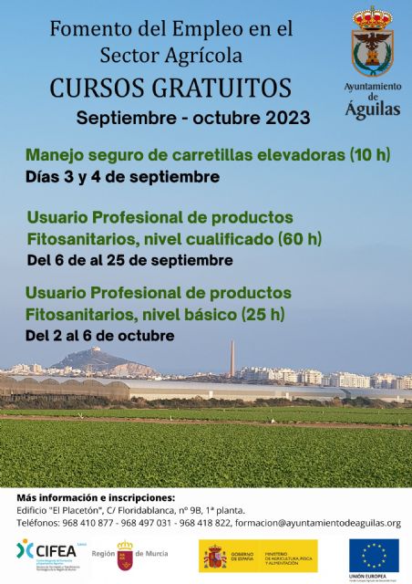 Abierto el plazo de inscripción en los cursos gratuitos para el fomento del empleo en el sector agrícola que darán comienzo en septiembre