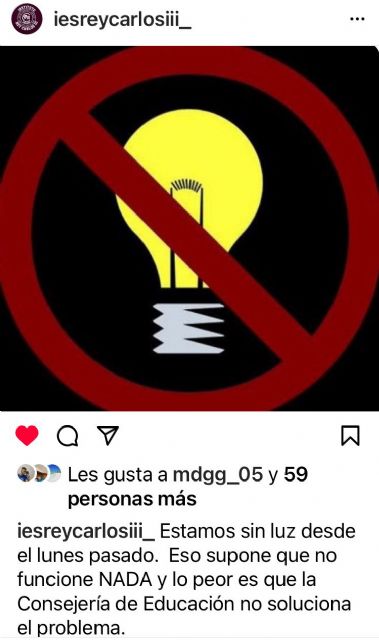 El IES Rey Carlos III de Águilas lleva sin luz una semana