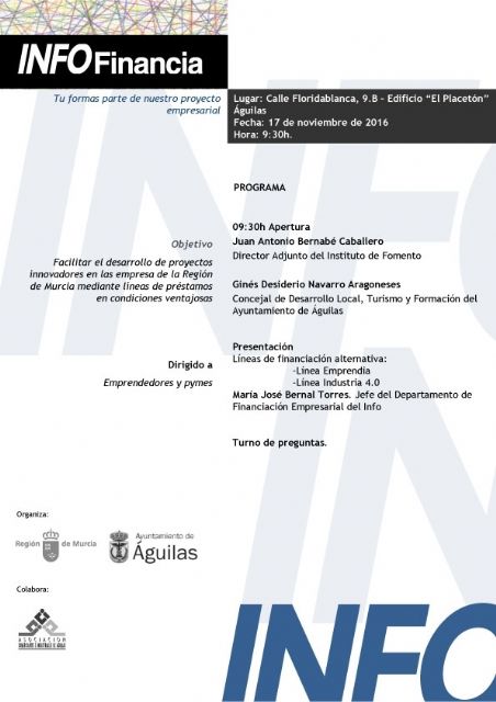 Águilas acoge el próximo jueves las jornadas Infofinancia