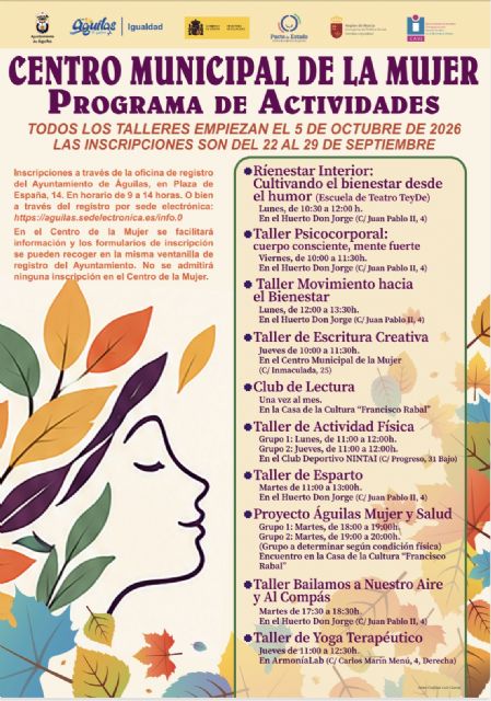 El Ayuntamiento de Águilas presenta la programación de talleres del Centro de la Mujer para el próximo trimestre