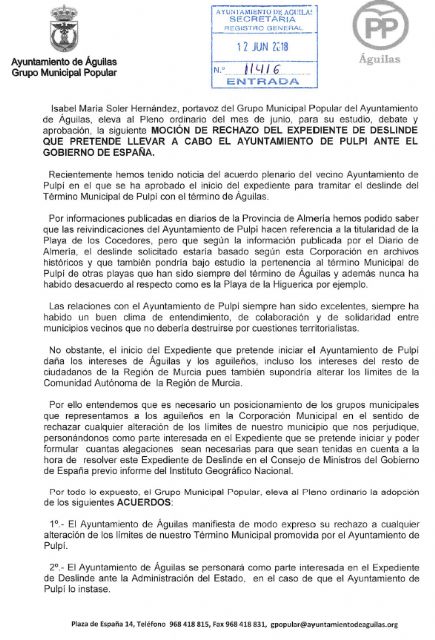 El Grupo Municipal Popular registra una moción en defensa de los límites territoriales actuales de Águilas con el Ayuntamiento de Pulpí