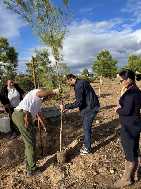 Los participantes en el programa experiencial 'Nueva vida para la antigua escombrera municipal y su entorno' llevan a cabo una plantación de 80 ejemplares de pino en varias zonas verdes del municipio
