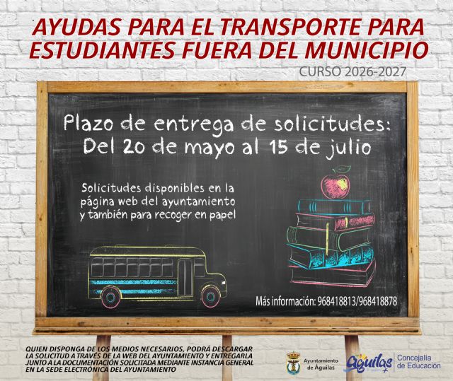 Hoy se abre el plazo de solicitud para las ayudas complementarias para el transporte de estudiantes fuera del municipio de Águilas
