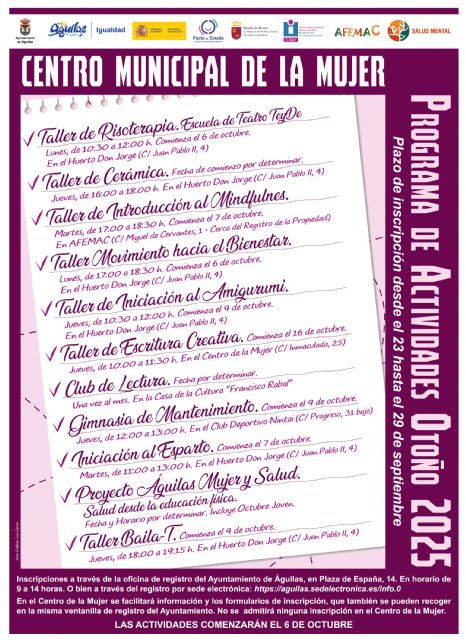 Mañana, 23 de septiembre, se abre el plazo de inscripción para los Talleres de Otoño del Centro Municipal de la Mujer