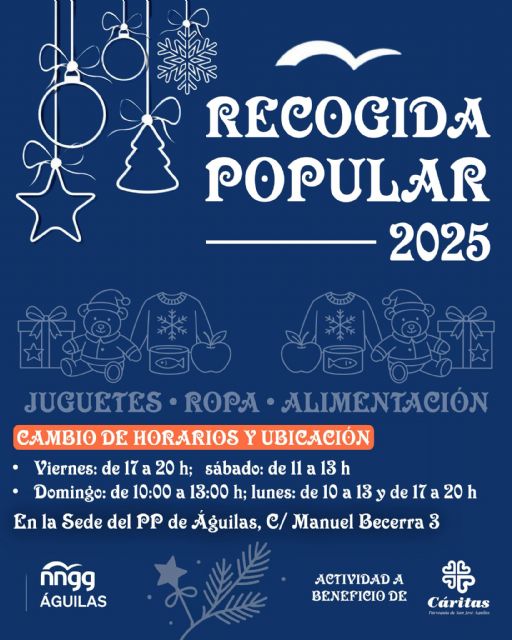 NNGG de Águilas traslada a la sede del Partido Popular la recogida solidaria de juguetes, ropa y alimentos por previsión de lluvias