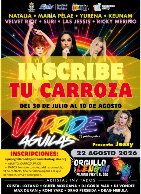 El Ayuntamiento de Águilas abre mañana el plazo de inscripción para participar con carrozas en el Pride Águilas 2026