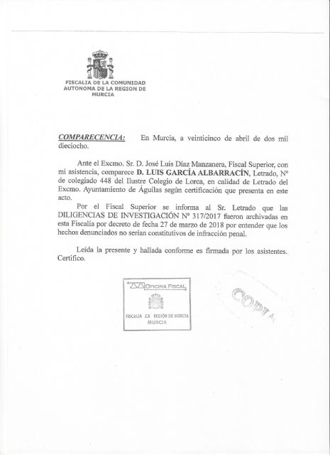 El fiscal superior de Murcia archivó las diligencias, dando la razón al Ayuntamiento en un proceso selectivo en el que ha quedado garantizada la transparencia y la legalidad