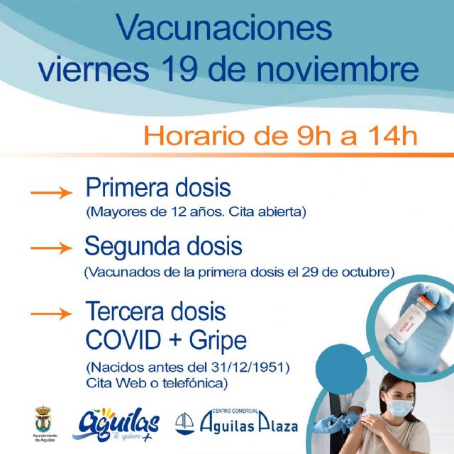Águilas Plaza acogerá mañana una nueva jornada de vacunaciones contra la COVID