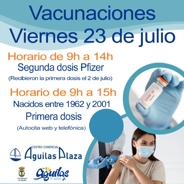 El próximo viernes, CC Águilas Plaza acogerá una nueva jornada de vacunaciones masivas contra el COVID19