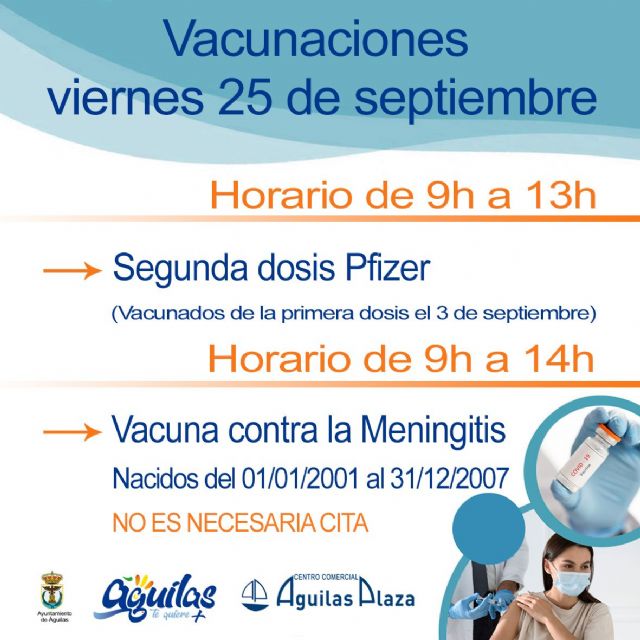 Centro Comercial Águilas Plaza acogerá el viernes una nueva jornada de vacunaciones masivas contra la COVID 19 y contra la meningitis
