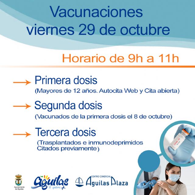 Centro Comercial Águilas Plaza acogerá mañana viernes una nueva jornada de vacunaciones masivas contra la COVID